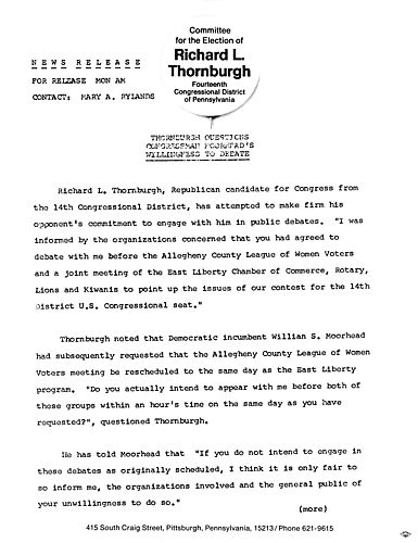 Thornburgh questions Congressman Moorhead's willingness to debate,