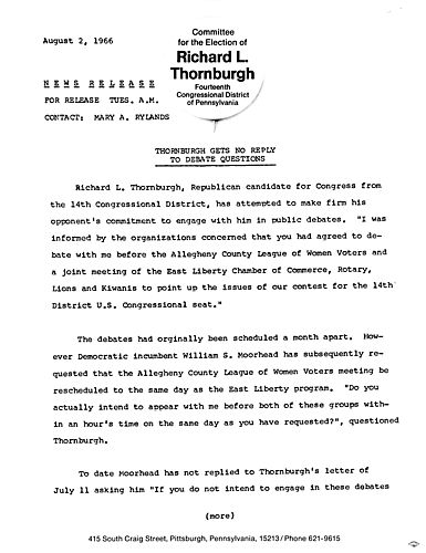 Thornburgh gets no reply to debate questions