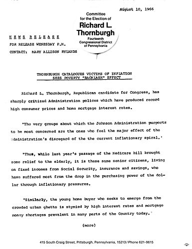 Thornburgh criticized Administration policies which have produced record high consumer prices and home mortgage interest rates