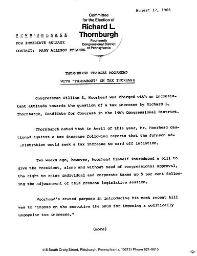 Thornburgh charges Moorhead with "turnabout" on tax increase