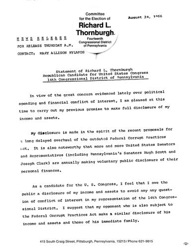 Statement of Thornburgh, Republican Candidate for United States Congress 14th Congressional District of Pennsylvania calling for disclosure of personal finances of candidates