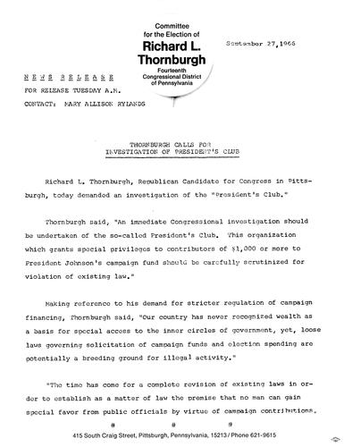 Thornburgh calls for investigation of President's Club