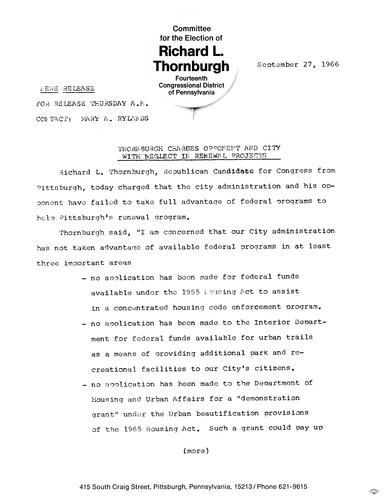 Thornburgh charges opponent and city with neglect in renewal projects