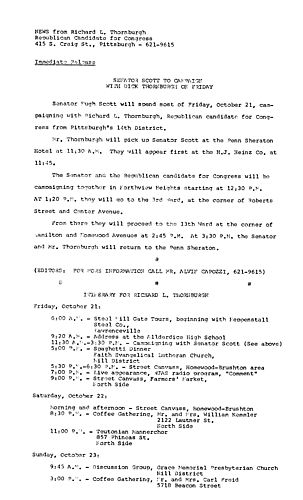 Senator Scott to campaign with Dick Thornburgh on Friday,