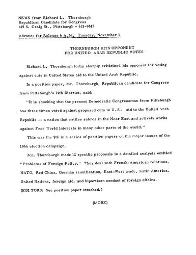 Thornburgh hits opponent for United Arab Republic votes
