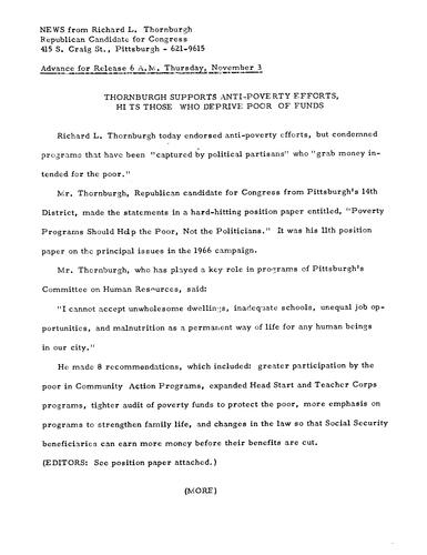 Thornburgh supports anti-poverty efforts\, hits those who deprive poor of funds