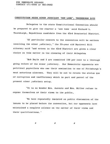 Constitution Needs Minor Judiciary "New Look," Thornburgh Says,