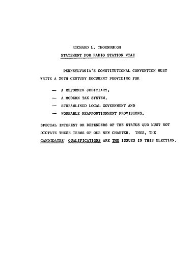 Thornburgh's Statement for Radio Station WTAE,