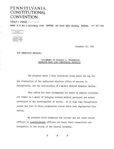 Thornburgh's proposal paves way for elimination of antiquated elective office of coroner in Pennsylvania