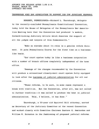 Thornburgh Asks Bar Association to Support Con Con Judiciary Proposal