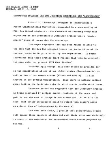 Thornburgh Suggests Con Con Judiciary Objections are "Smokescreen"