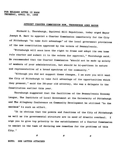 Appoint Charter Commission Now, Thornburgh Asks Mayor