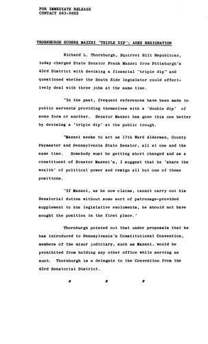 Thornburgh scores Mazzei "Triple Dip" and asks Resignation,