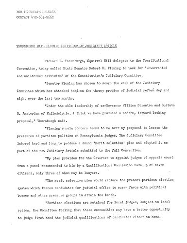 Thornburgh hits Fleming Criticism of Judiciary Article,