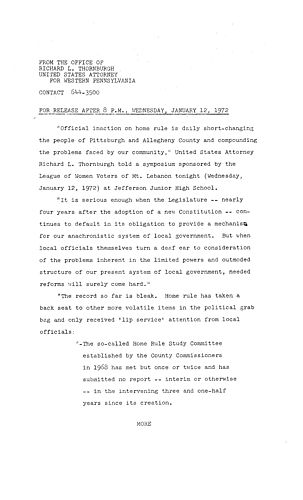 Thornburgh hits Home Rule Charter "Footdragging",