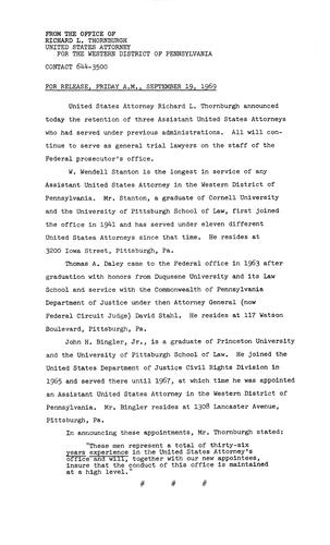 Thornburgh announced the retention of three Assistant U.S. Attorneys who had served under previous administrations