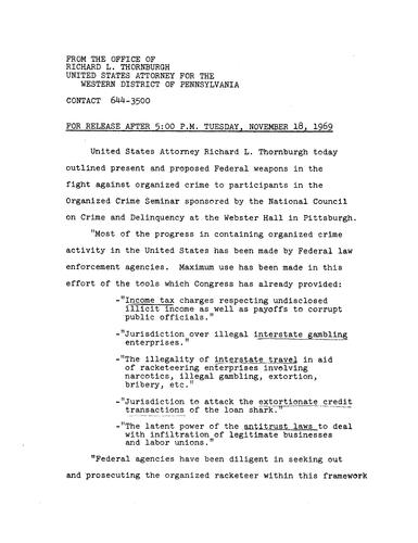 Thornburgh outlined present and proposed federal weapons in the fight against organized crime