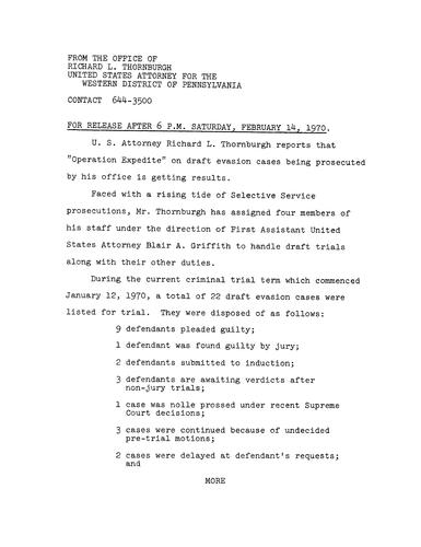 Thornburgh reports that "Operation Expedite" on draft evasion cases being prosecuted in his office is getting results