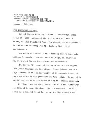 Thornburgh announced the appointment of David M. Curry as an Assistant United States Attorney for the Western District of PA