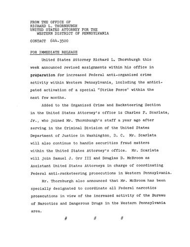 Thornburgh announced revised assignments within his office in preparation for increased federal anti-organized crime activity,