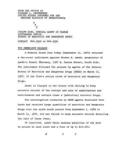 A federal grand jury returned a two-count indictment against Reuben Lando for failing to keep accurate records of amphetamine and barbiturates sales