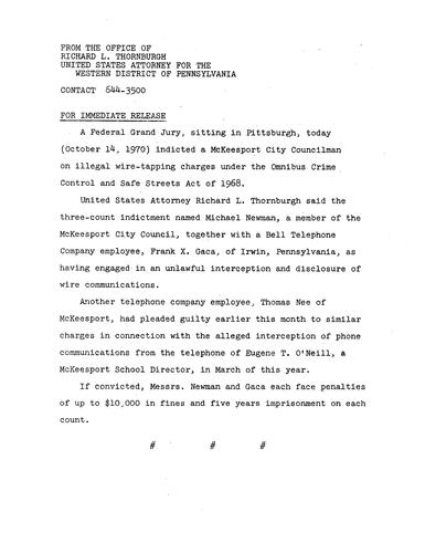 A federal grand jury indicted a McKeesport City Councilman on illegal wire-tapping charges under the Omnibus Crime Control and Safe Streets Act of 1968