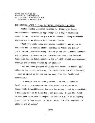 Thornburgh characterized community hypocrisy as a major stumbling block in dealing with rehabilitating narcotics addicts