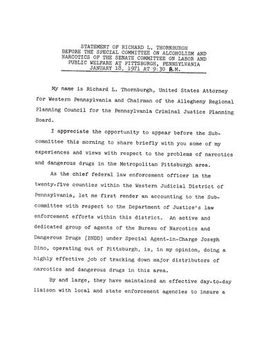 Statement of Thornburgh before the Special Committee on Alcoholism and Narcotics of the Senate Committee on Labor and Public Welfare
