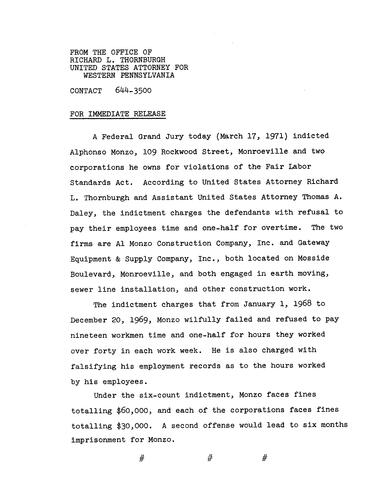 A federal grand jury indicted Alphonso Monzo for violations of the Fair Labor Standards Act