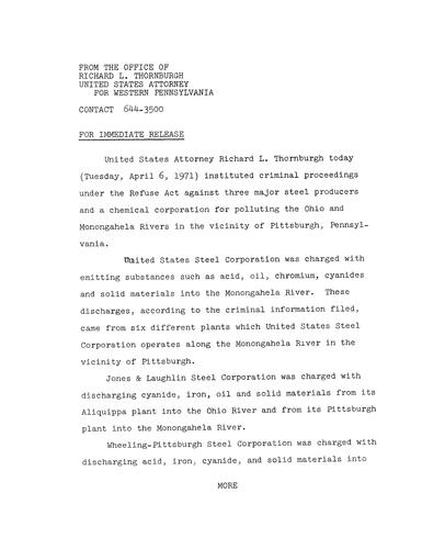 Thornburgh instituted criminal proceedings under the Refuse Act against the U.S. Steel Corporation, Jones & Laughlin Steel Corporation, and the Wheeling-Pittsburgh Steel Corporation