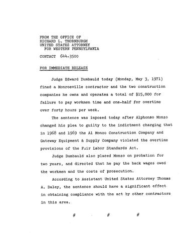 Judge Edward Dumbauld fined a contractor and the two construction companies he owns and operates a total of $15,000 for failure to pay workmen time and 1/2 for overtime