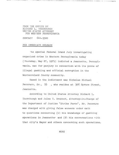 Nicholas Pecoraro was indicted for perjury in connection with a probe of illegal gambling and official corruption in Westmoreland County