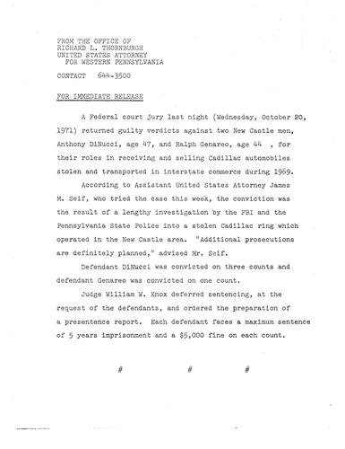 A federal court jury returned guilty verdicts against Anthony DiNucci and Ralph Genareo for receiving and selling Cadillac automobiles stolen and transported in interstate commerce during 1969