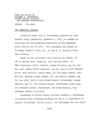 A federal grand jury indicted ten persons on charges of violating the anti-gambling provisions of the Organized Crime Control Act of 1970