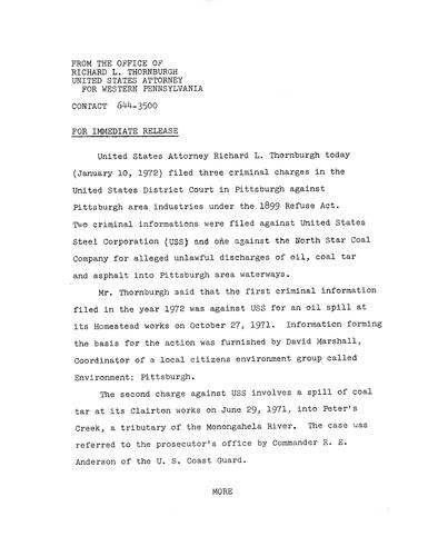 Thornburgh filed three criminal charges against Pittsburgh industries under the 1899 Refuse Act