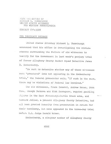 Thornburgh announced that his office is investigating the circumstances surrounding the failure of six witnesses to testify for the government against Hockenberry,