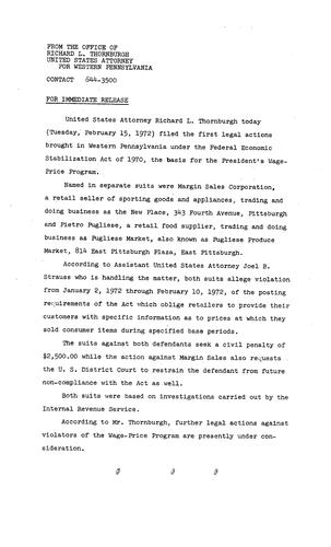 Thornburgh filed the first legal actions brought in Western PA under the Federal Economic Stabilization Act of 1970
