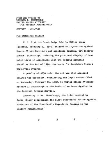 Judge John L. Miller entered an injunction against Beacon Climax Furniture and Appliance Company based on the Federal Economic Stabilization Act of 1970