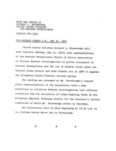 Thornburgh will meet with representatives of the Western PA Chiefs of Police Association to discuss police corruption