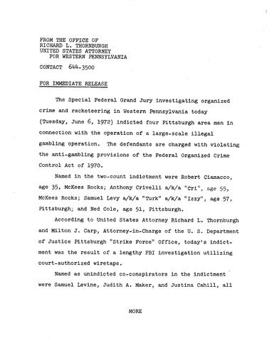 The special federal grand jury investigating organized crime and racketeering indicted four Pittsburgh men in connection with the operation of a large scale illegal gambling operation