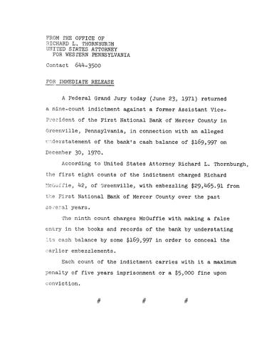 A federal grand jury returned a nine-count indictment against a former bank Assistant Vice President in connection with an alleged fund understatement