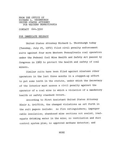 Thornburgh filed civil penalty enforcement suits against four coal operators under the Federal Coal Mine Health and Safety Act passed in 1969