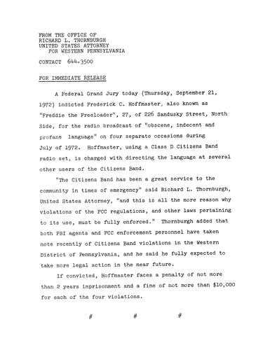 A federal grand jury indicted Frederick Hoffmaster for the radio broadcast of "obscene, indecent and profane language" on four separate occasions