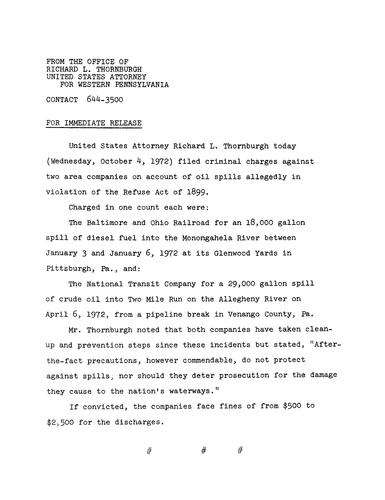 Thornburgh filed criminal charges against two area companies on account of oil spills in violation of the Refuse Act of 1899
