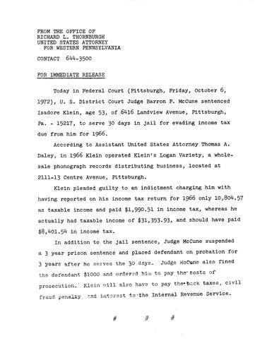 Judge Barron McCune sentenced Isadore Klein to serve jail time for tax evasion