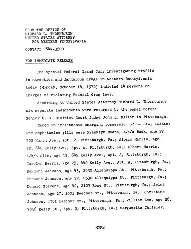 The special federal grand jury investigating traffic in narcotics and dangerous drugs in Western PA indicted 14 persons on charges of violating federal drug laws