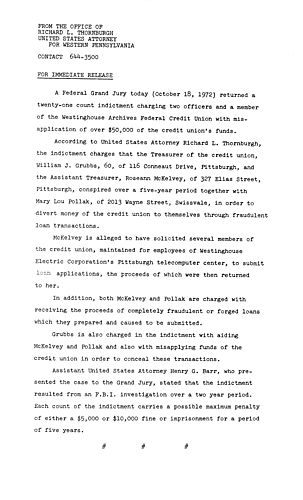 A federal grand jury returned a 21 count indictment charging three members of the Westinghouse Archives Federal Credit Union with misapplication of funds