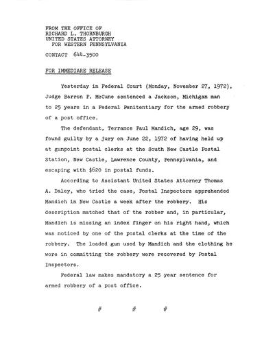 Judge Barron McCune sentenced Terrance Mandich to 25 years in a federal penitentiary for armed robbery
