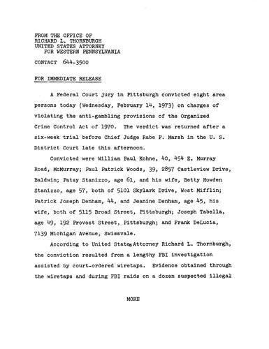 A federal grand jury convicted eight area persons on charges of violating the anti-gambling provisions of the Organized Crime Control Act of 1970