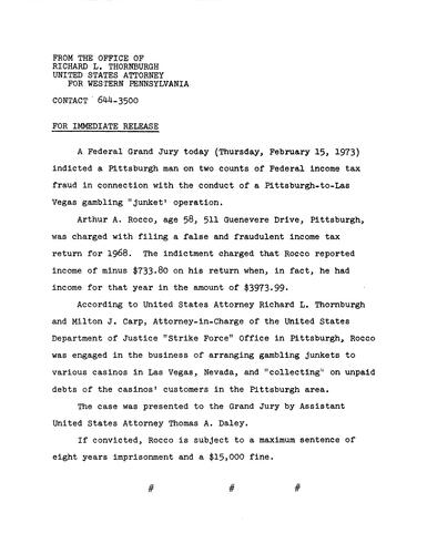 A federal grand jury indicted Arthur Rocco on two counts of federal income tax fraud in connection with the Pittsburgh-to-Las Vegas gambling junket operation